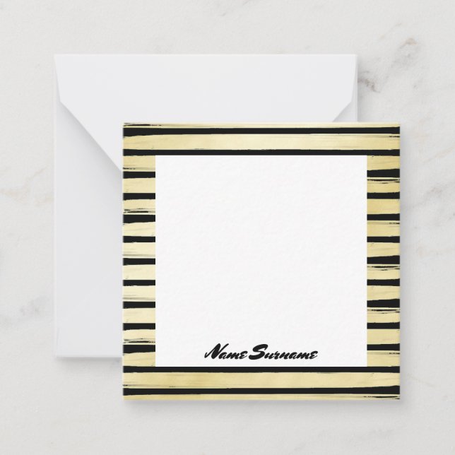 Elegant custom name black gold foil paint striped note card (Front)