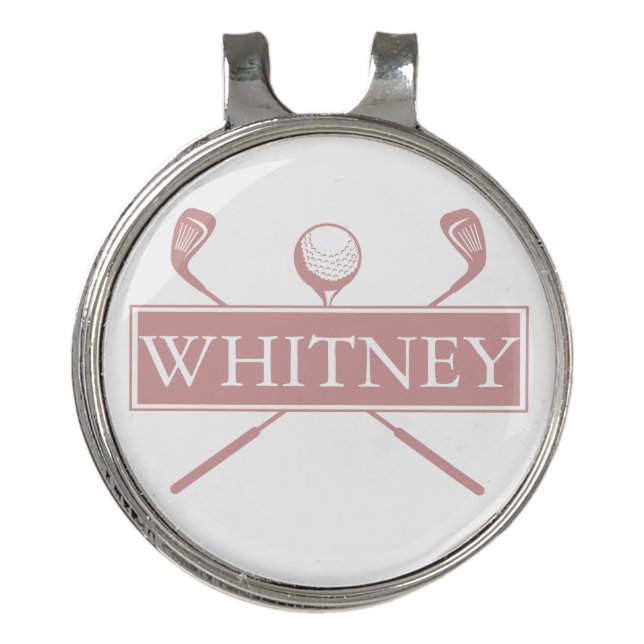 Elegant Custom Name Dusty Rose Ball And Clubs Golf Hat Clip (Front)