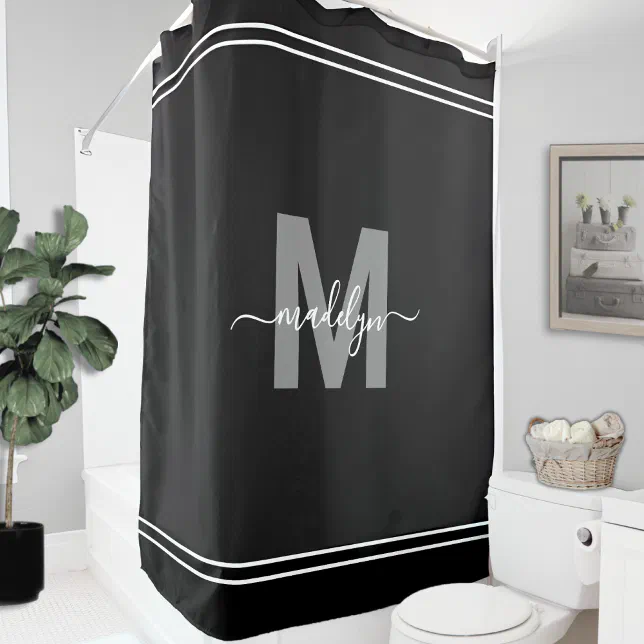 Elegant Custom Name Monogram Black White Shower Curtain | Zazzle