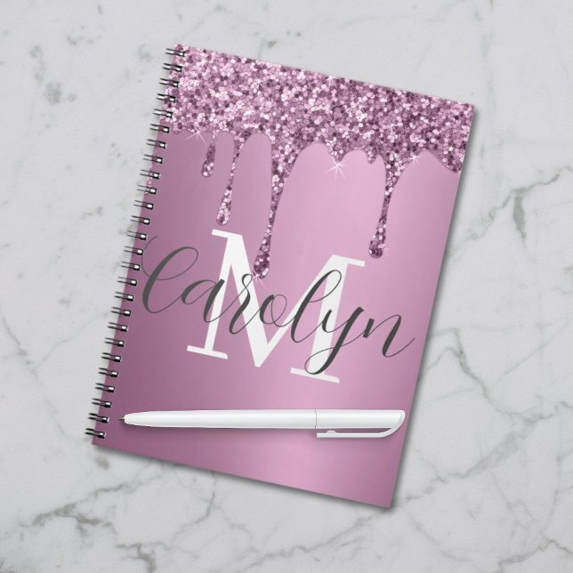 Elegant Custom Name Pink Glitter Drip Notebook (Creator Uploaded)