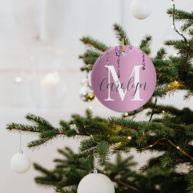 Elegant Custom Name Pink Glitter Drip Ornament (Creator Uploaded)