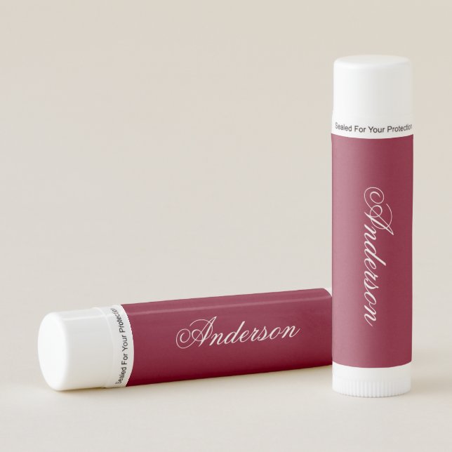 Elegant Custom Name Soft Classic Burgundy Lip Balm (Front)