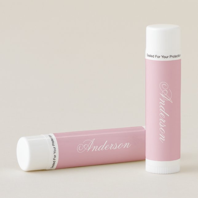 Elegant Custom Name Soft Rose Pink Lip Balm (Front)