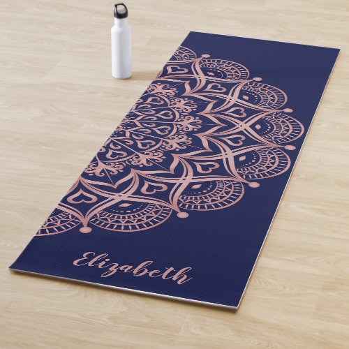 Elegant Custom Navy Blue and Rose Gold Mandala Yoga Mat