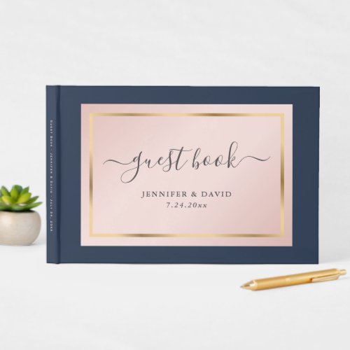 Elegant Custom Navy Blue Blush and Gold Wedding Guest Book