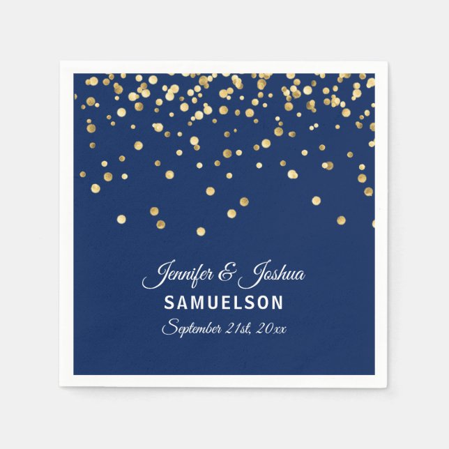 Elegant Custom NAVY BLUE Gold Confetti Wedding Paper Napkins (Front)