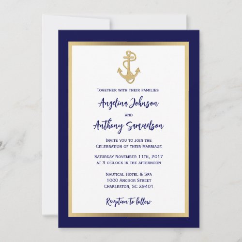 Elegant Custom Navy Blue Gold Nautical Wedding Invitation