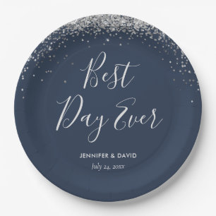 Elegant Custom Navy Blue Silver Glitter Confetti Paper Plates
