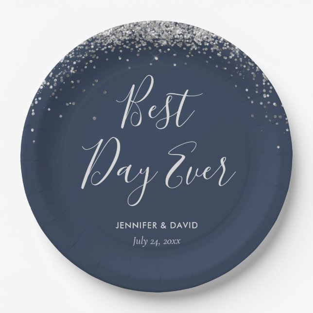 Elegant Custom Navy Blue Silver Glitter Confetti Paper Plates (Front)