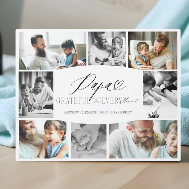 Elegant Custom Papa Photo Collage Grandpa Keepsake Plaque (Papa Grateful for Every Moment Photo Collage Plaque)
