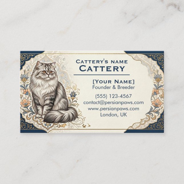Elegant Custom Persian Cat Cattery Business Card 