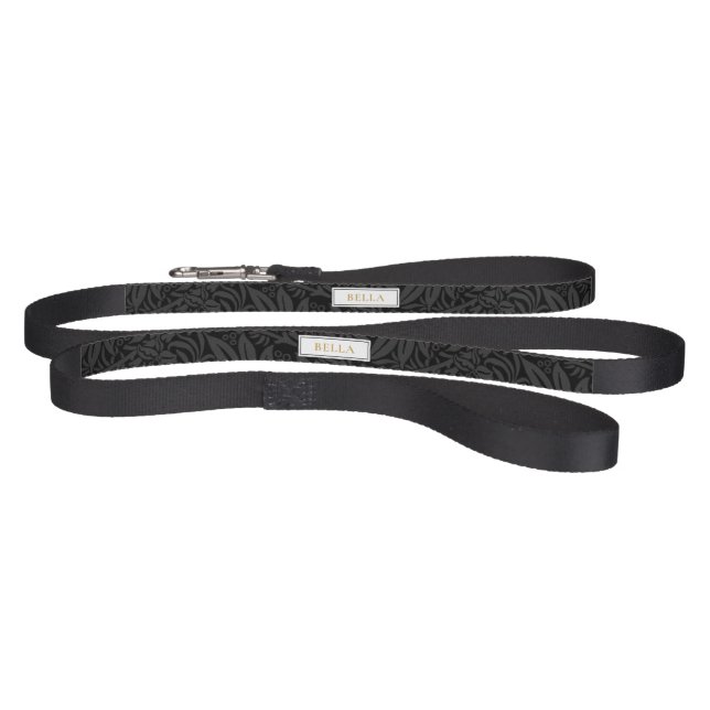 Elegant Custom Pet Name Black Floral Pattern Leash (Full)