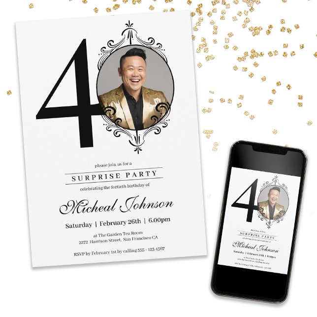 Elegant Custom Photo 40th Birthday Surprise Party  Invitation (Elegant Custom Photo 40th Birthday Surprise Party Invitation)