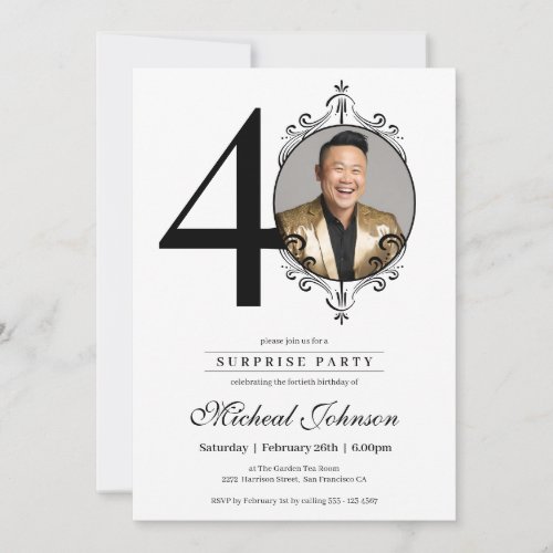 Elegant Custom Photo 40th Birthday Surprise Party  Invitation