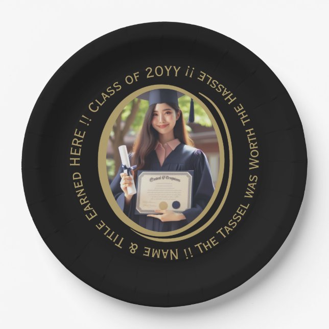 Elegant Custom Photo, Black and Gold Graduation  Paper Plates (Front)