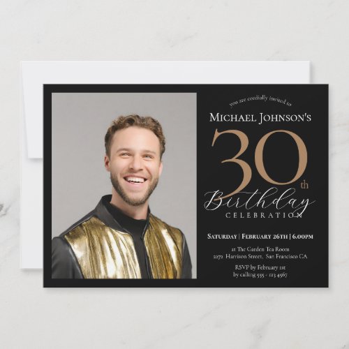 Elegant Custom Photo Black Gold 30th Birthday Invitation