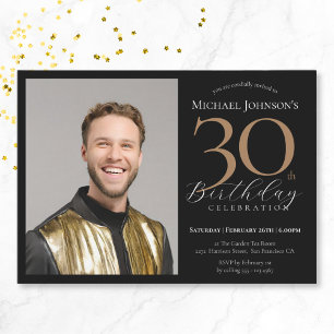 Elegant Custom Photo Black Gold 30th Birthday Invitation