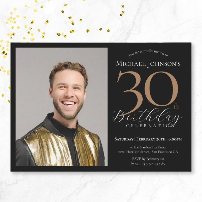 Elegant Custom Photo Black Gold 30th Birthday Invitation (Elegant Custom Photo Black Gold 30th Birthday Invitation)