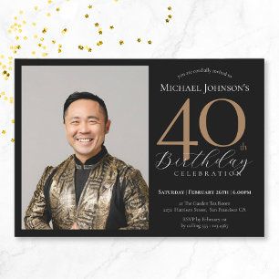 Elegant Custom Photo Black Gold 40th Birthday Invitation