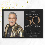 Elegant Custom Photo Black Gold 50th Birthday Invitation<br><div class="desc">Elegant Custom Photo Black Gold 50th Birthday Invitation. Celebrate a milestone birthday with our Black and Gold Simple Elegant invitation, perfect for adding a touch of sophistication to your special day. This customizable design features a sleek black background adorned with elegant gold accents, creating a timeless and classy look. Personalize...</div>