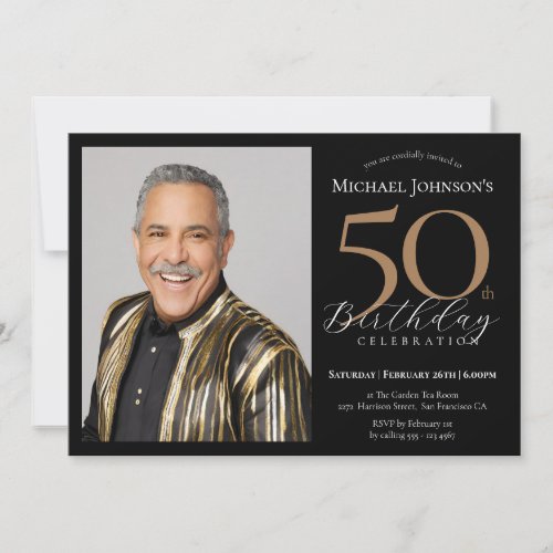 Elegant Custom Photo Black Gold 50th Birthday Invitation
