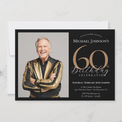 Elegant Custom Photo Black Gold 60th Birthday Invitation