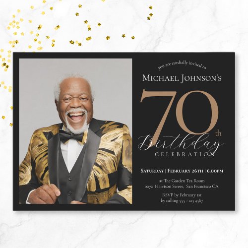 Elegant Custom Photo Black Gold 70th Birthday