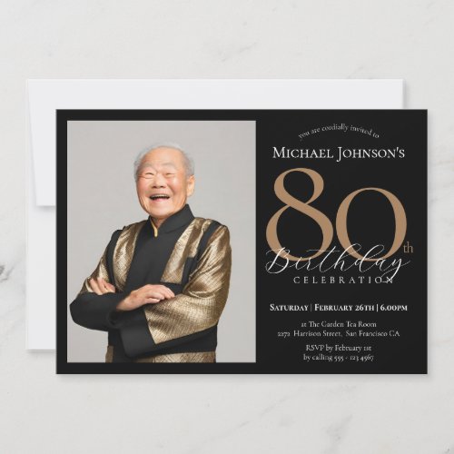 Elegant Custom Photo Black Gold 80th Birthday Invitation