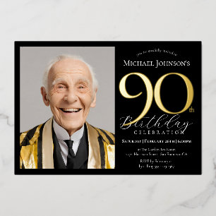 Elegant Custom Photo Black Gold 90th Birthday Foil Invitation