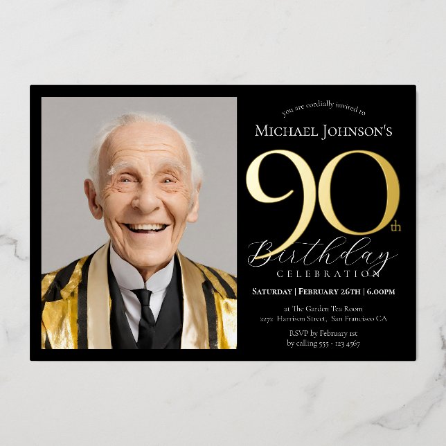 Elegant Custom Photo Black Gold 90th Birthday Foil Invitation (Front)