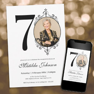 Elegant Custom Photo Black White 70th Birthday Invitation