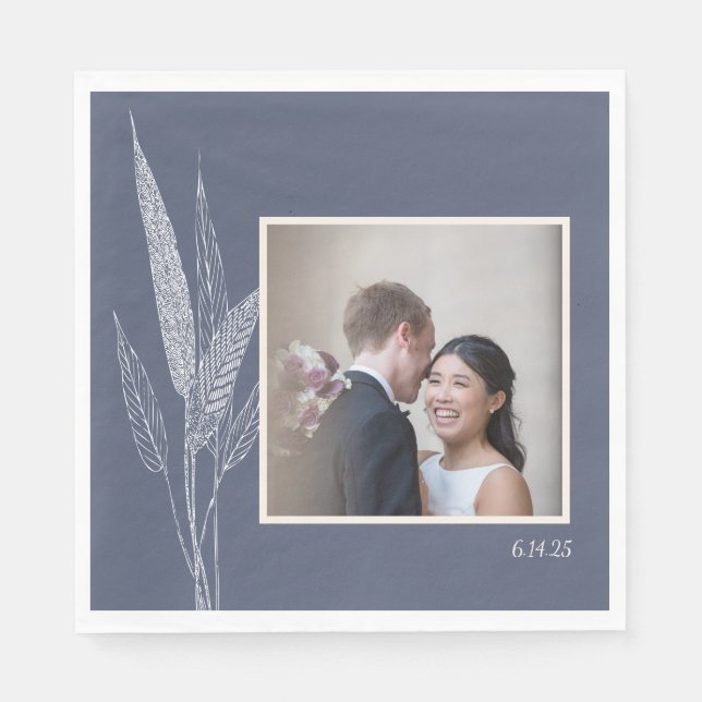 Elegant Custom Photo Blue Botanical Garden Wedding Napkins (Front)