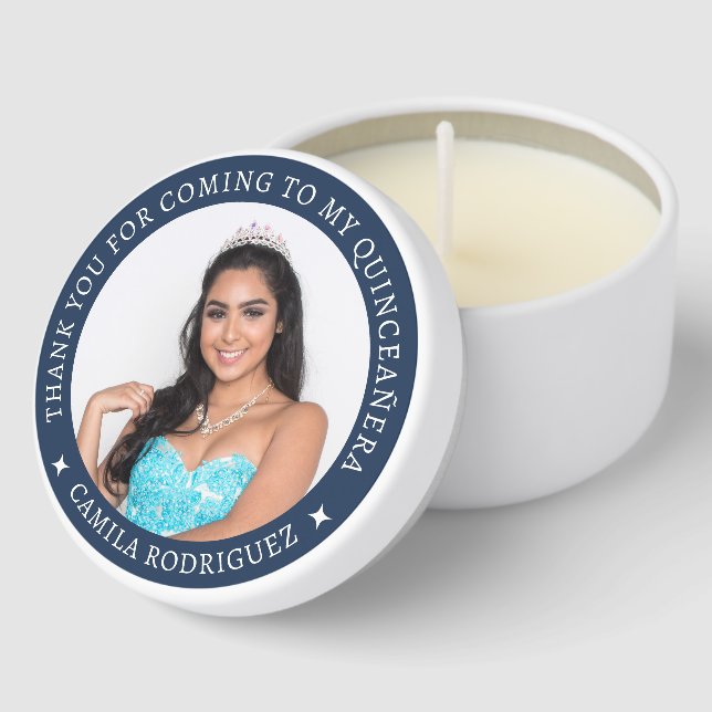 Elegant Custom Photo Blue Quinceañera Thank You Mini Candle Favors (Corner)