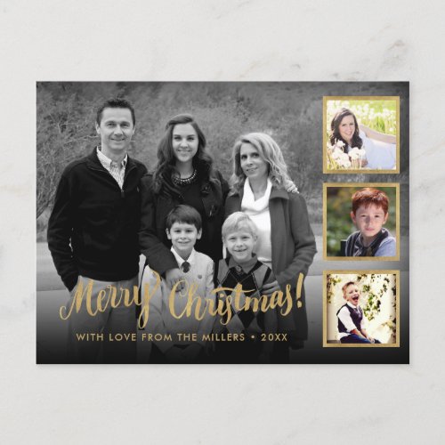 Elegant Custom Photo Collage Gold Merry Christmas Holiday Postcard - Create your own custom elegant stylish gold Christmas card with photo collage. Add your favorite photos, name and message to create something really unique. Edit this design template by clicking 'Change' and uploading your own images as shown above. To edit the name, change the text in the fields. Click 'Customize' button to add text, customize fonts and colors.
Treat yourself or make the perfect gift for family, friends, parents and grandparents!