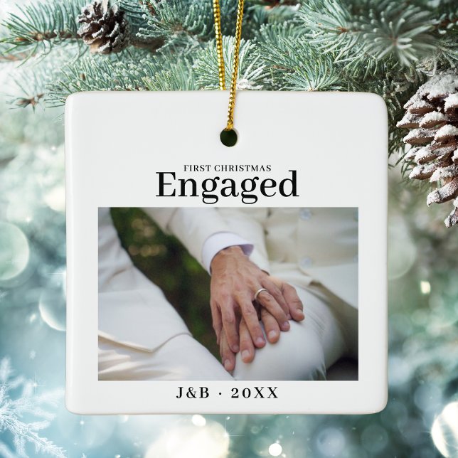 Elegant Custom Photo First Christmas Engaged Ceramic Ornament (Elegant Custom Photo First Christmas Engaged White Ceramic Ornament
)