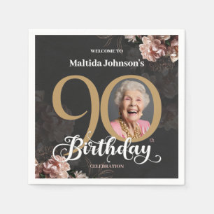 Elegant Custom Photo Floral 90th Birthday Napkins