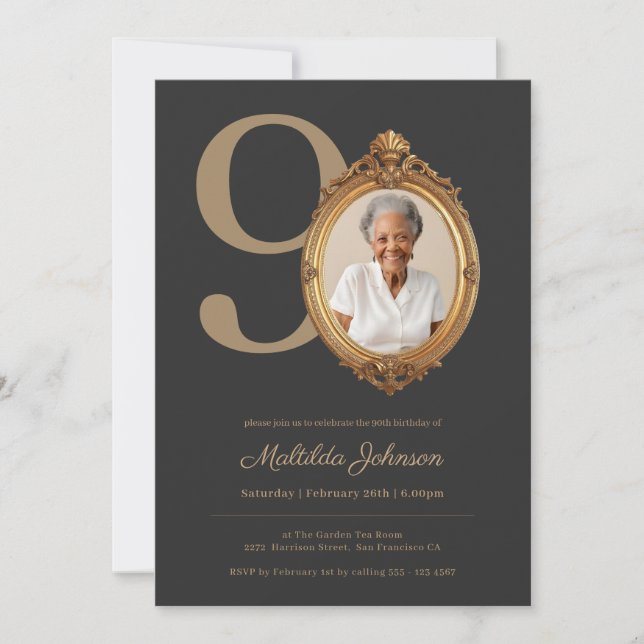 Elegant Custom Photo Gold 90th Birthday  Invitation (Front)
