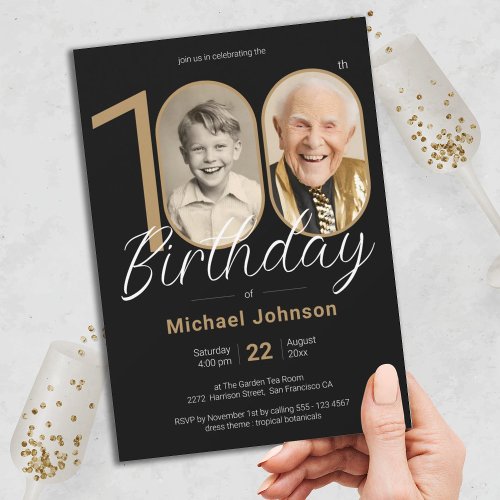 Elegant Custom Photo Gold Black 100th Birthday  Invitation