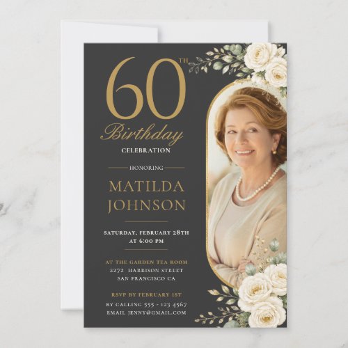 Elegant Custom Photo Gold Floral 60th Birthday Invitation