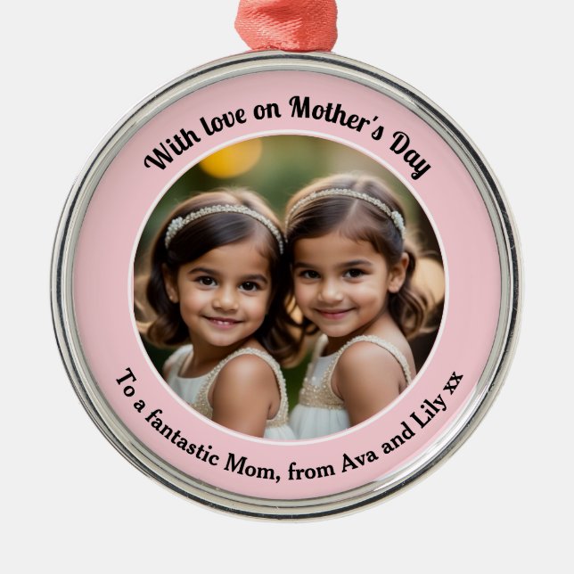 Elegant Custom Photo Mother's Day Pink Metal Ornament (Front)