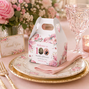 Elegant Custom Photo Pink Floral 100th Birthday Favor Boxes