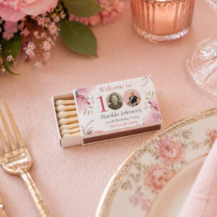 Elegant Custom Photo Pink Floral 100th Birthday Matchboxes