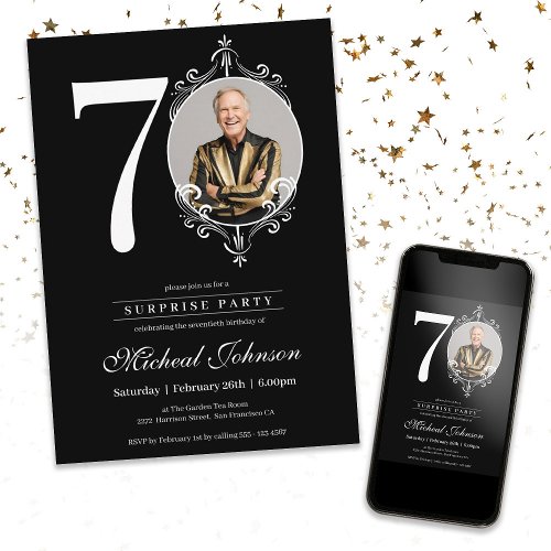 Elegant Custom Photo Surprise 70th Birthday Party Invitation