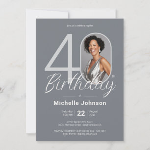 Elegant Custom Photo White Silver 40th Birthday Invitation