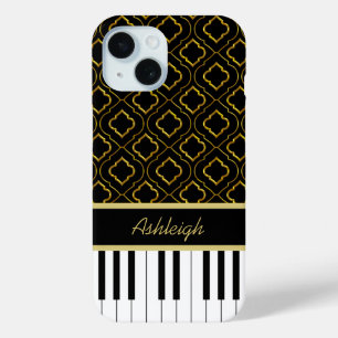 Elegant Custom Piano Keys with Gold Quatrefoil iPhone 15 Case