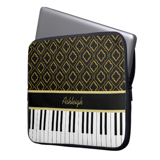 Elegant Custom Piano Keys with Gold Quatrefoil Laptop Sleeve