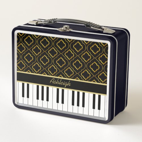 Elegant Custom Piano Keys with Gold Quatrefoil Metal Lunch Box
