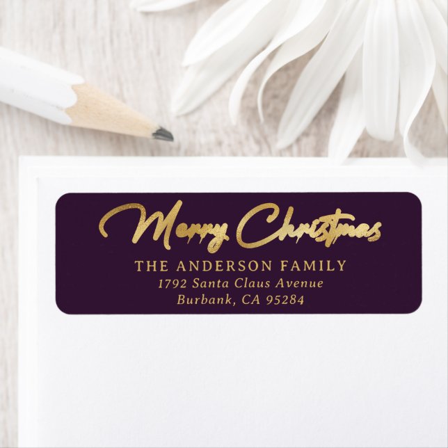 Elegant Custom Purple Gold Foil Merry Christmas Label (Insitu)