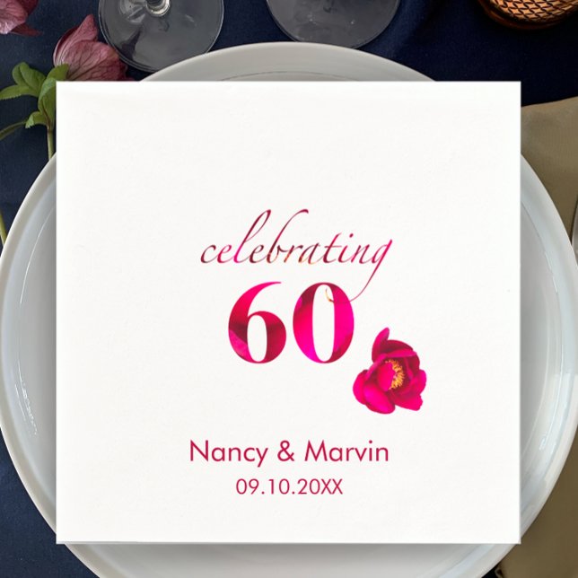 Elegant Custom Red Rose Floral 60th Anniversary Napkins (Add couple’s names and anniversary date for a beautiful elegant anniversary table. Unique red rose.)