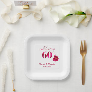 Elegant Custom Red Rose Floral 60th Anniversary Paper Plates
